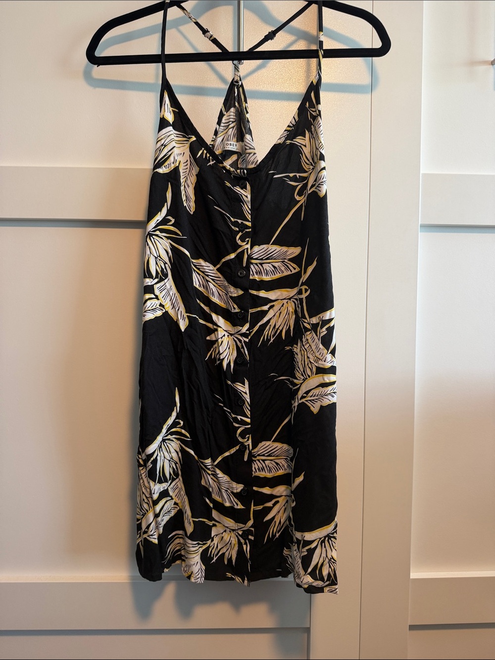 Obey Black Dress with White and Yellow Leaf Print